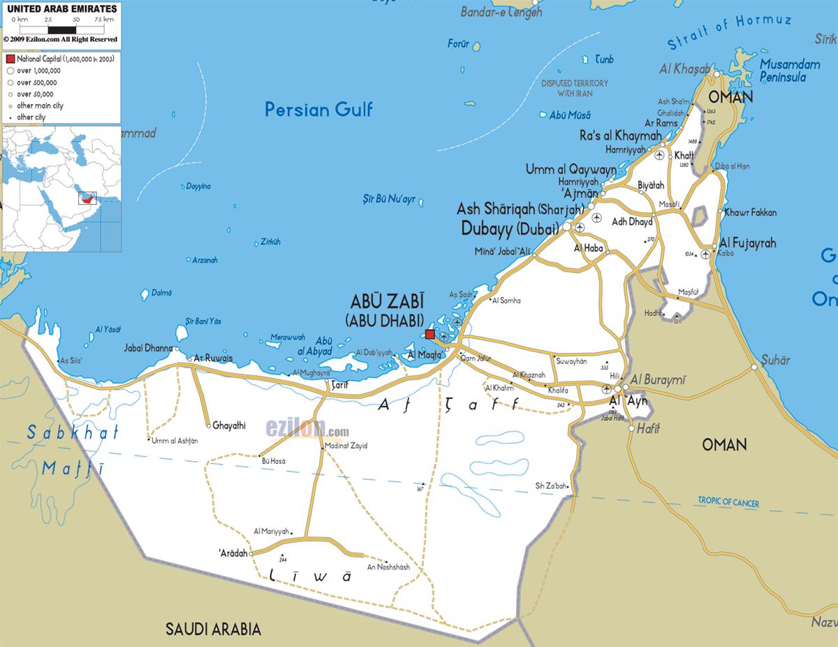 Bản đồ nước Tiểu Vương quốc Ả Rập Thống nhất (UAE Map) năm 2023