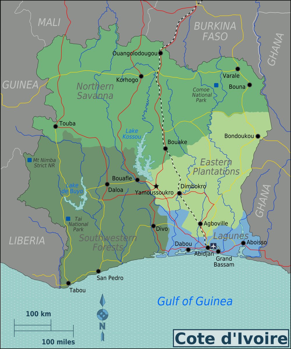 Bản đồ đất nước Bờ Biển Ngà (Côte d'Ivoire) năm 2023