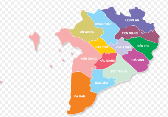 Vị trí các tỉnh ở vùng Đồng bằng sông Cửu Long