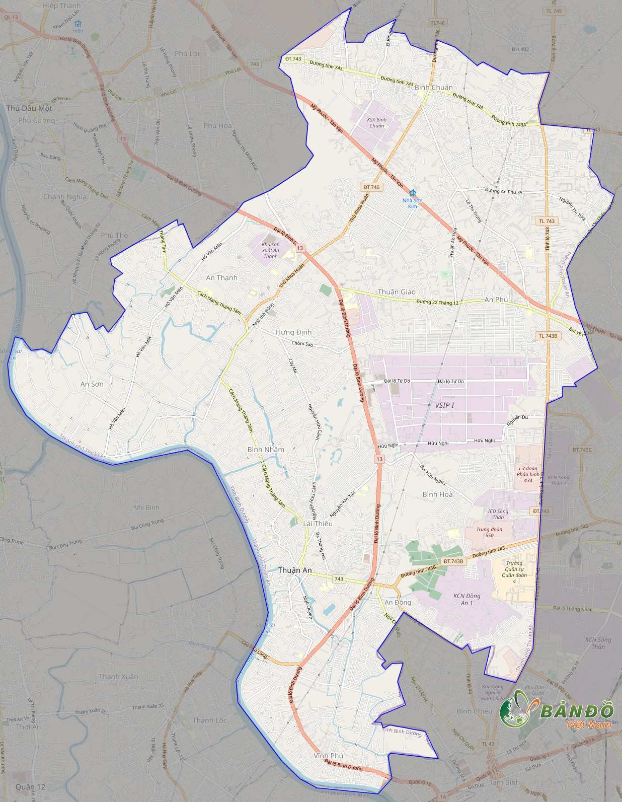 Bản đồ TP Thuận An ở trên nền tảng Open Street Map