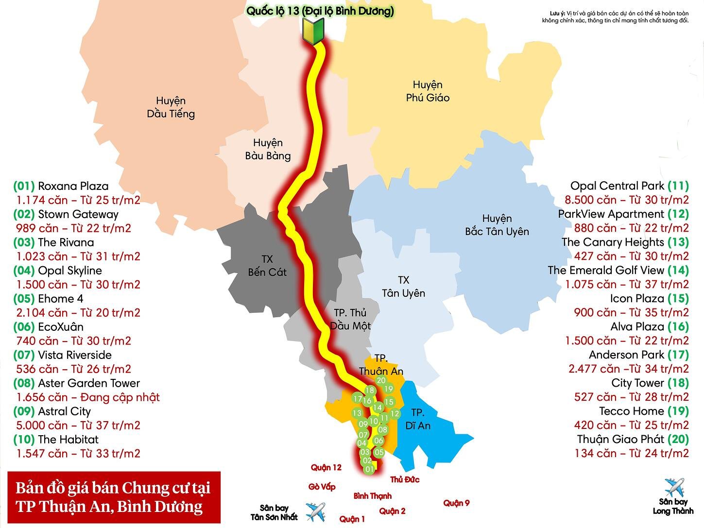 Bản đồ giá bán các chung cư, căn hộ tại thành phố Thuận An