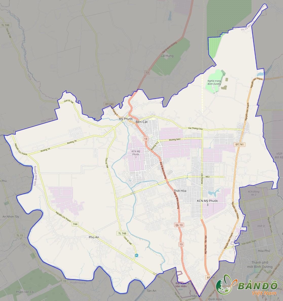 Bản đồ Thị xã Bến Cát trên nền tảng Open Street Map