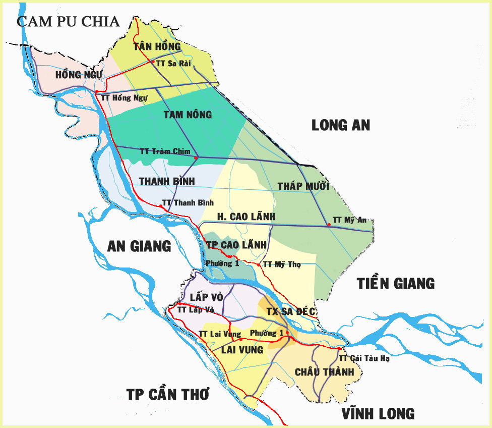Vị trí toạ độ của tỉnh Đồng Tháp trên vùng Đồng bằng sông Cửu Long