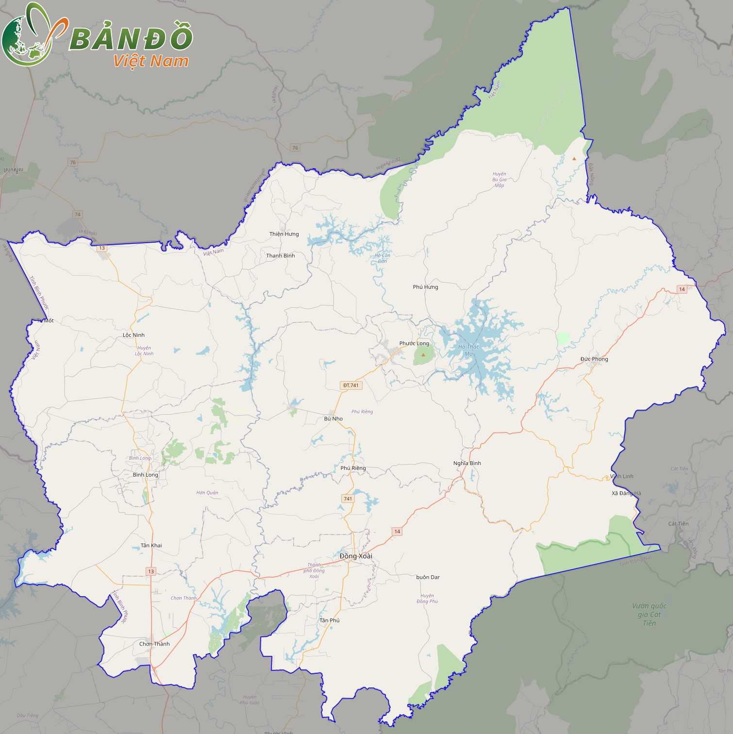 Bản đồ tỉnh Bình Phước trên nền Open Street Map