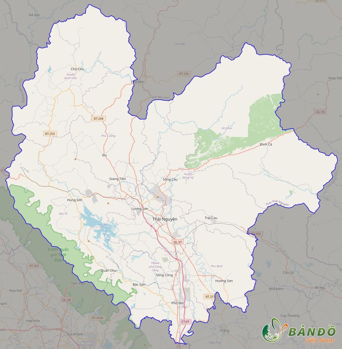Bản đồ tỉnh Thái Nguyên ở trên nền tảng Open Street Map