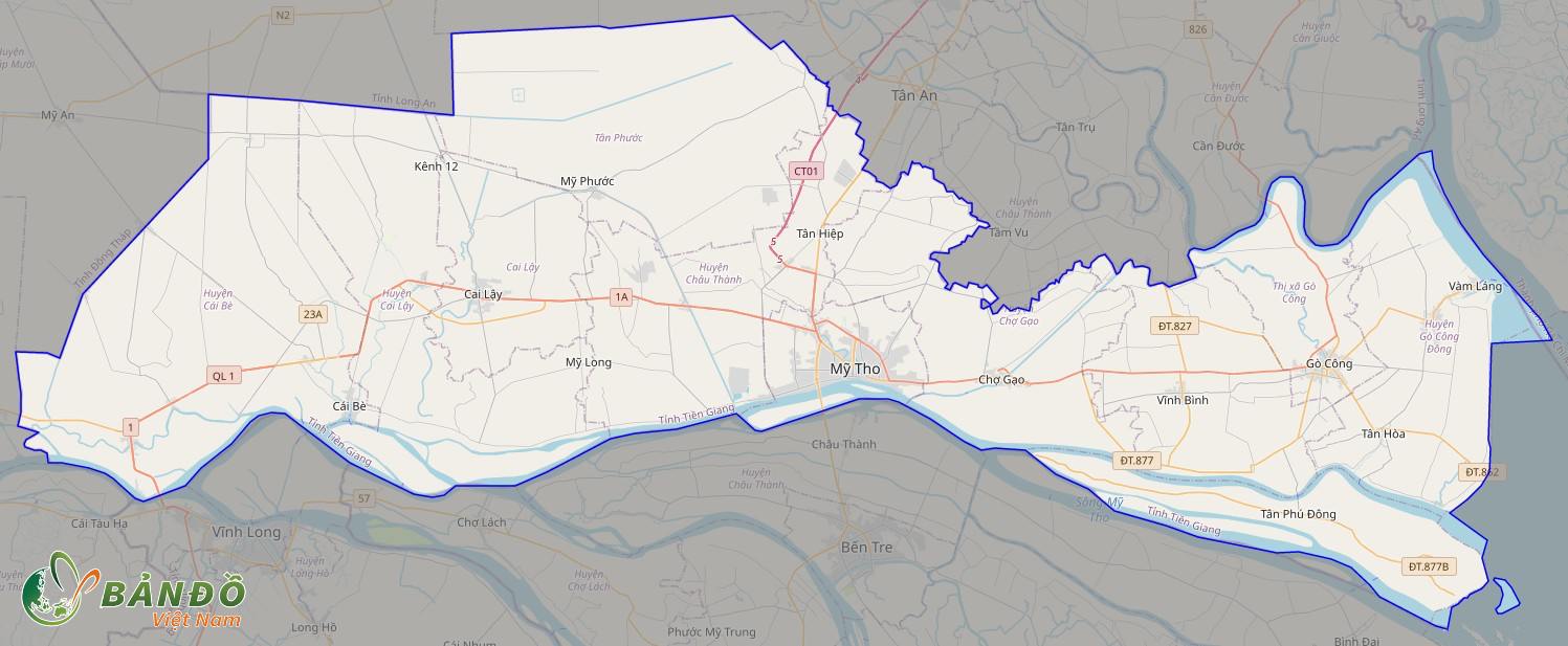 Bản đồ tỉnh Tiền Giang ở trên nền tảng Open Street Map