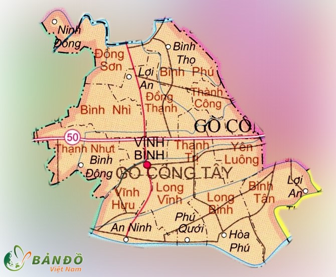 Bản đồ hành chính các xã và thị trấn tại Huyện Gò Công Tây