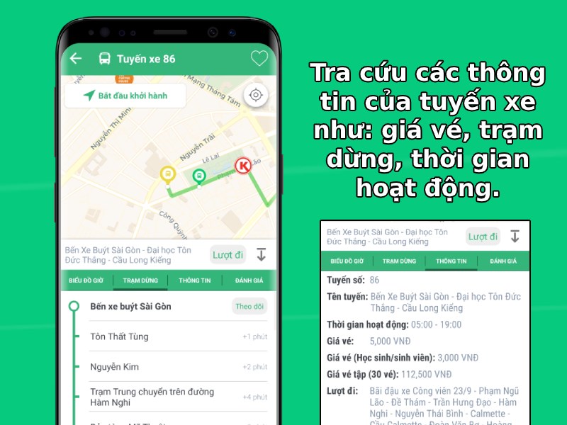 Tra cứu các thông tin của tuyến xe như: giá vé, trạm dừng, thời gian hoạt động