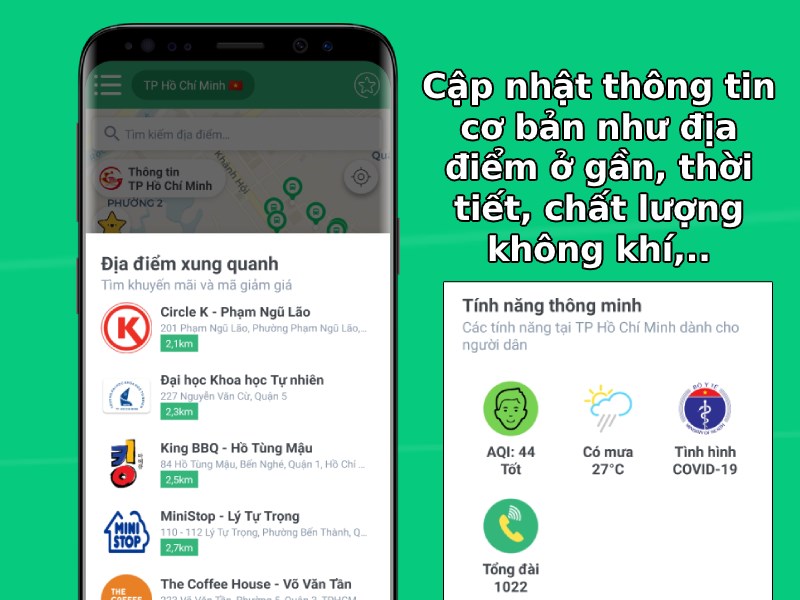 Cập nhật thông tin cơ bản như địa điểm ở gần, thời tiết, chất lượng không khí,...