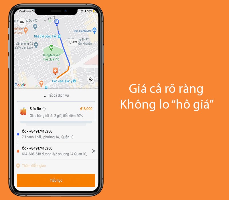 Hiển thị giá chuyến đi trên ứng dụng
